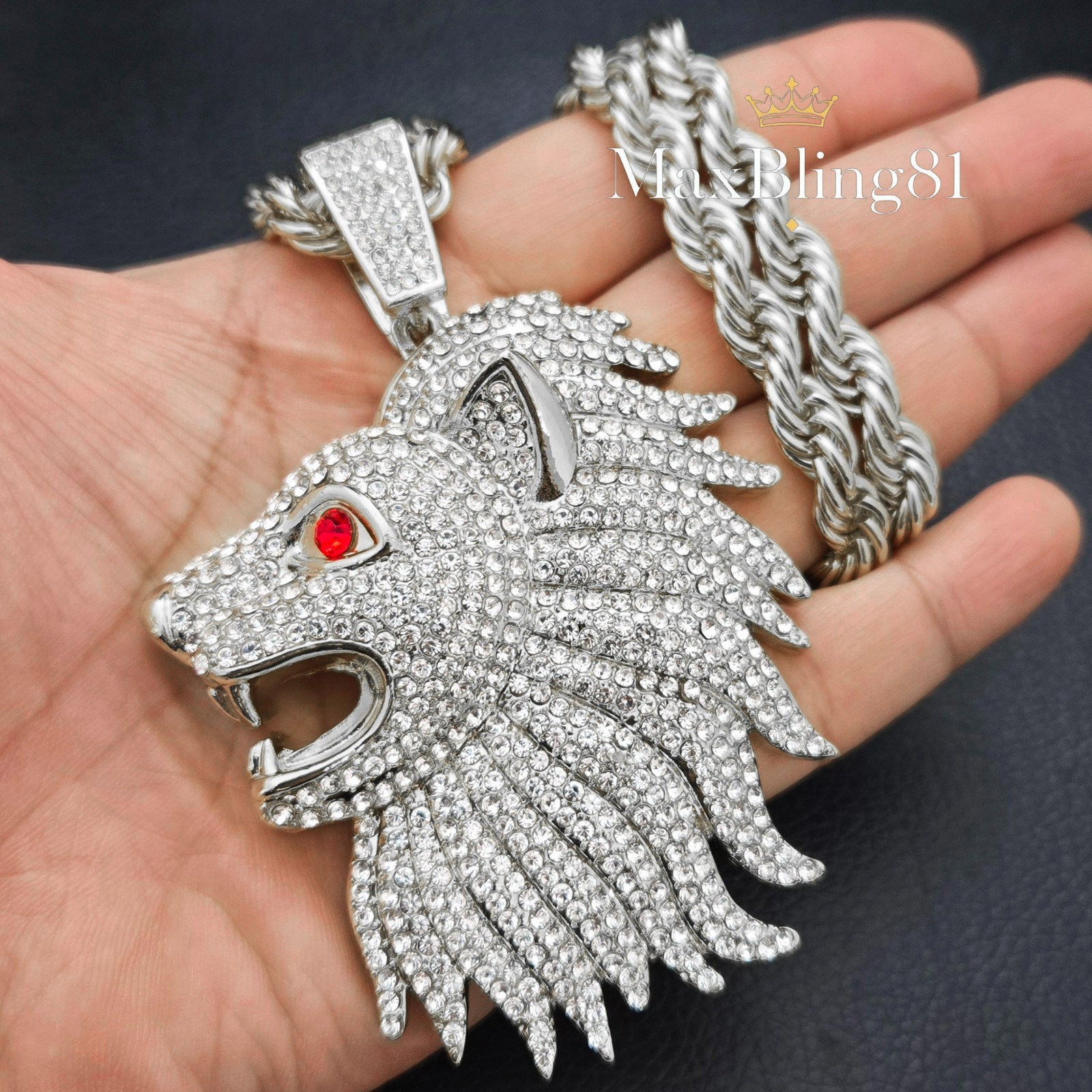 LARGE LION HEAD HIP HOP ICED GOLD PLATED CZ PENDANT 8mm 24″ ROPE CHAIN NECKLACE