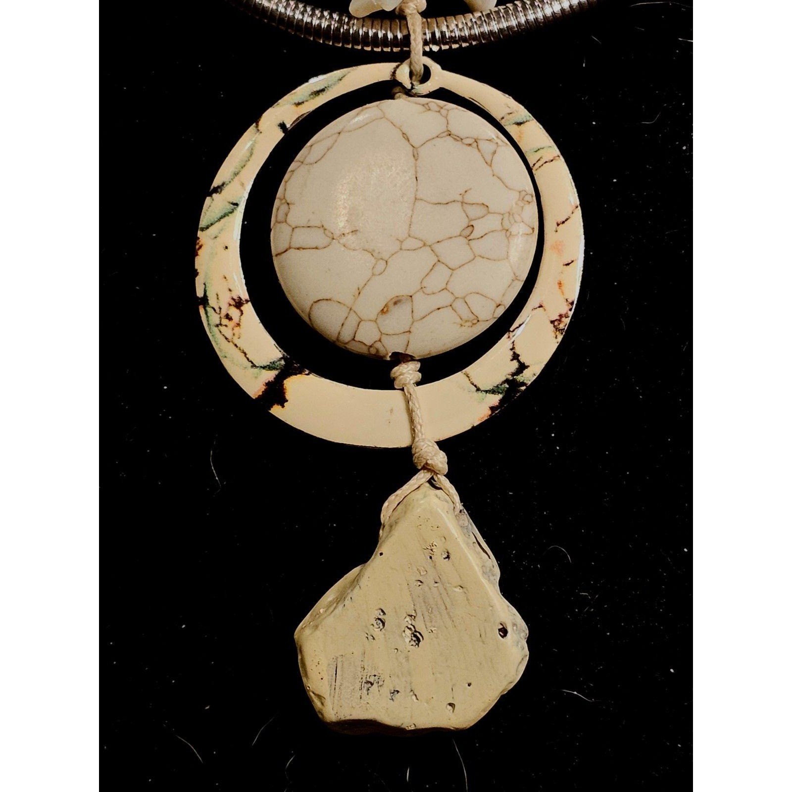 Boho Silver Tone Snake Chain Necklace Marbled Stone Pendant Mixed Media