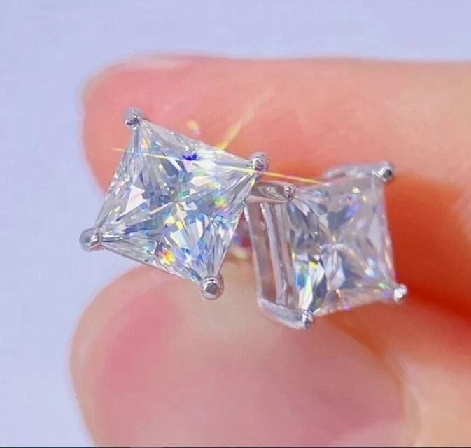 2.50Ct Princess Cut Real Moissanite Women’s Stud Earrings 14K White Gold Plated