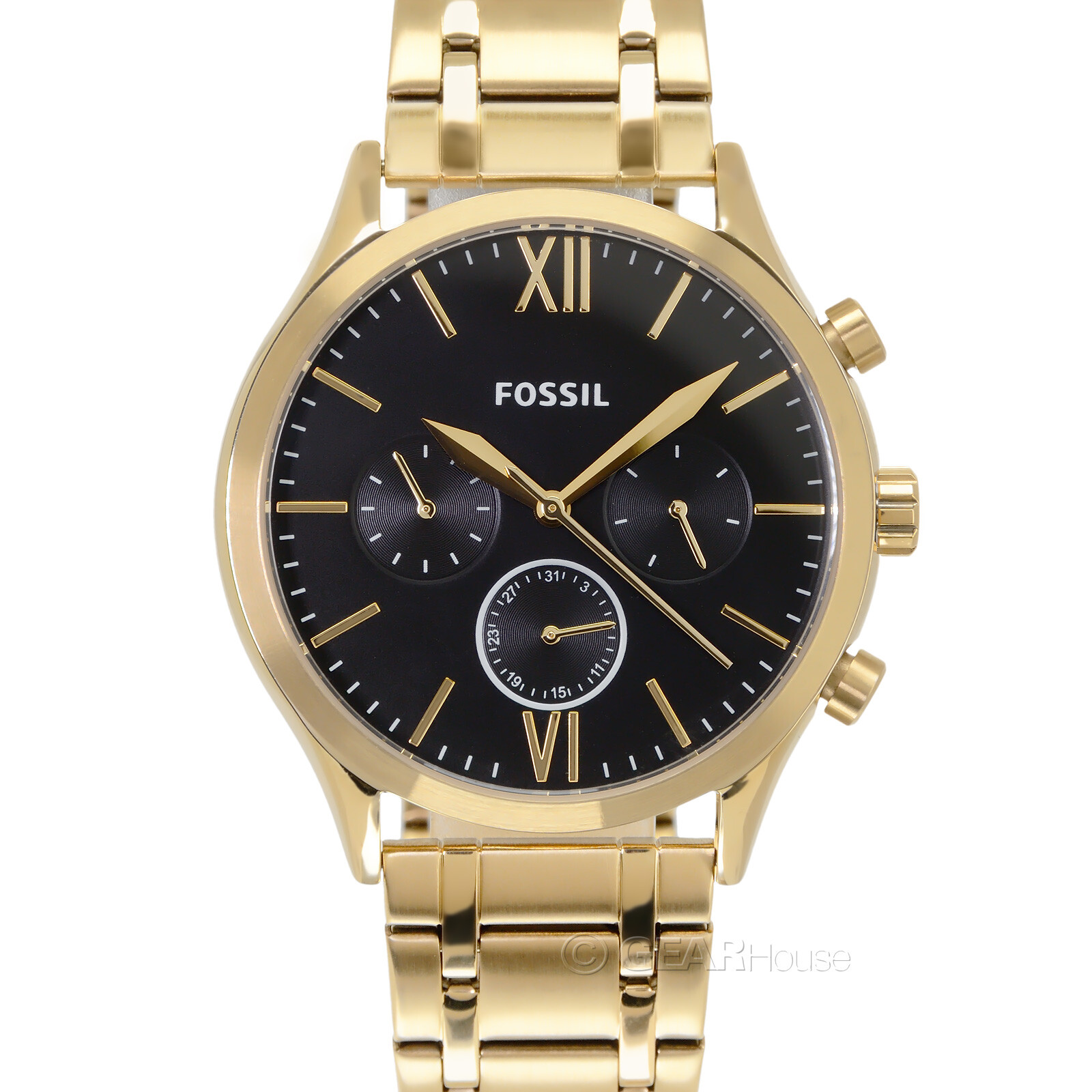 FOSSIL Fenmore Mens Gold Multifunction Watch, Black Dial Date, Stainless Steel