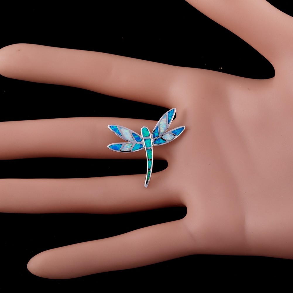 Dragonfly Green Blue White Fire Opal Mixed Silver Jewelry Necklace Pendant