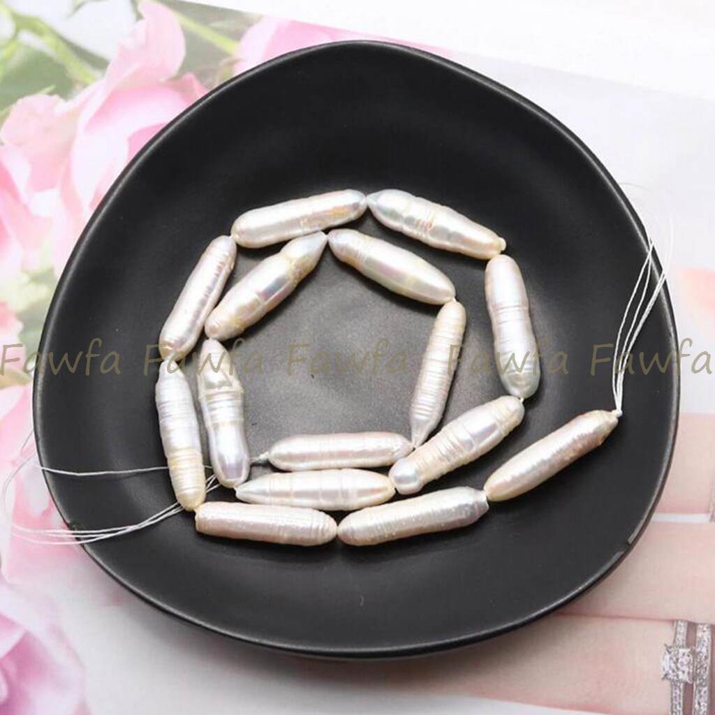 Natural 6x26mm Unique White Freshwater Baroque Long Biwa Pearl Loose Beads 15”