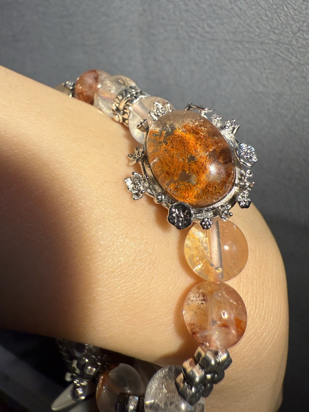 9.2mm High Grade Natural Fire Hematoid Crystal/ Phantom Crystal Charm Bracelet