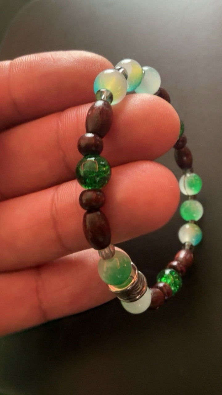 Handmade Brown/Green/Blue/White Glass & Wood Beaded Bracelet #112, No Clasp