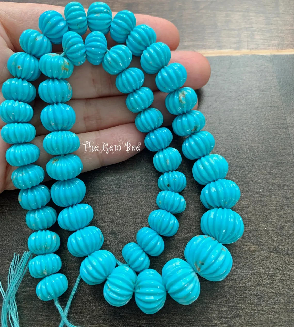 10.3MM-16MM Kingman Turquoise Hand Carved Melon Fluted Rondelle Bead 16.5 inch