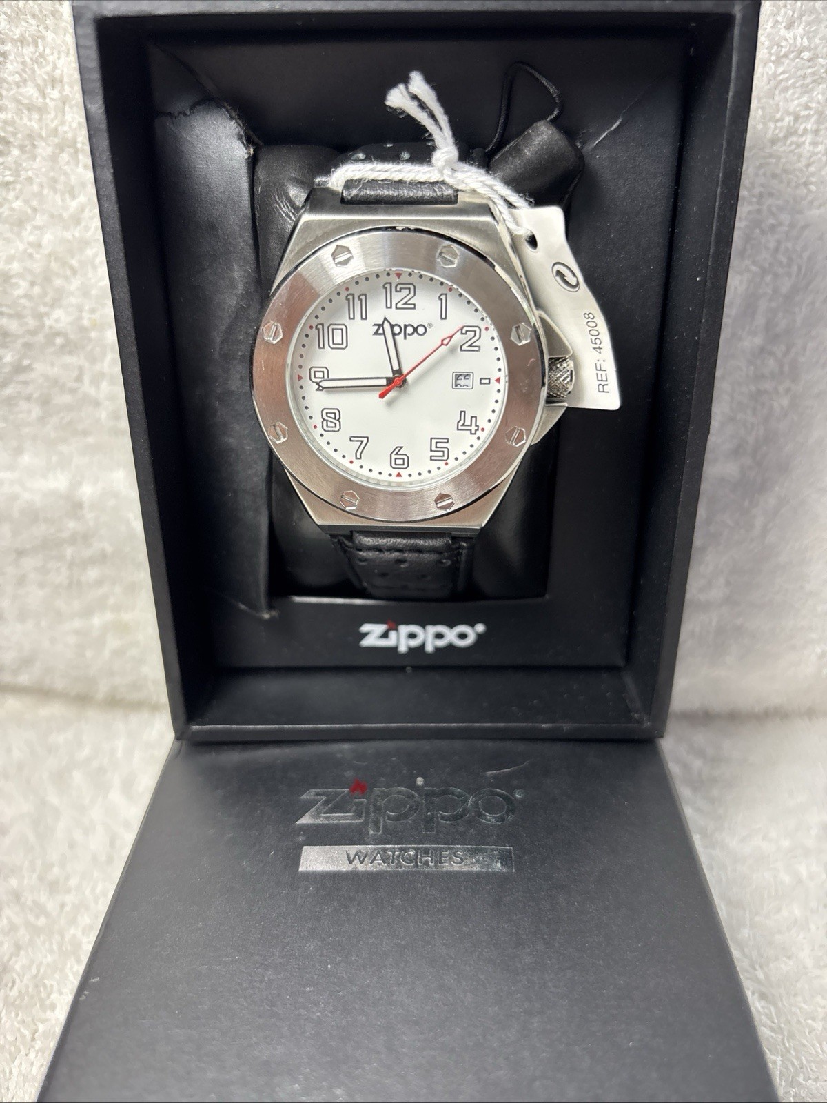 VTG-NOS Zippo 45008RG Black Leather Strap Quartz Movement White Dial Watch-OOP