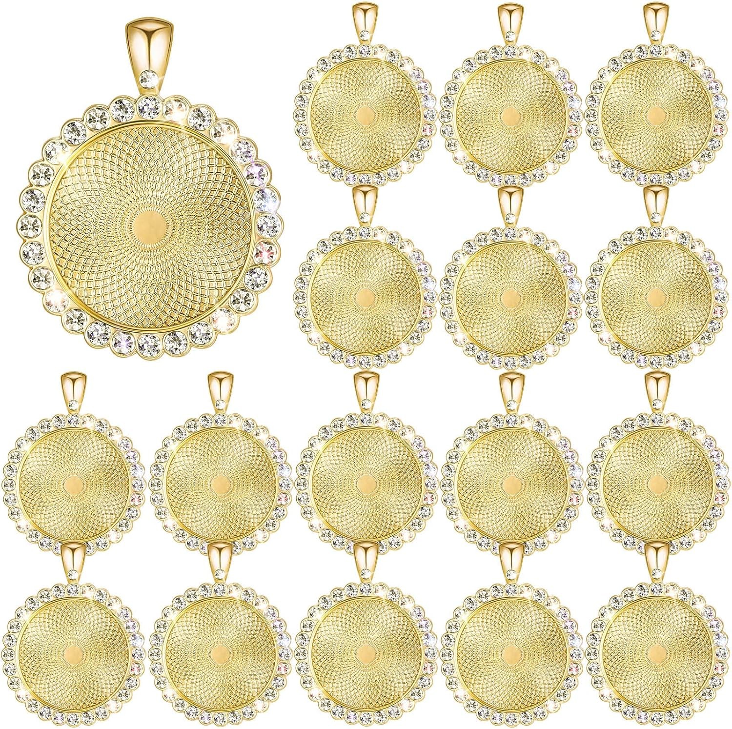 Hicarer 32 Pieces Rhinestone Bezel Pendant Trays Blanks Cabochon Gold