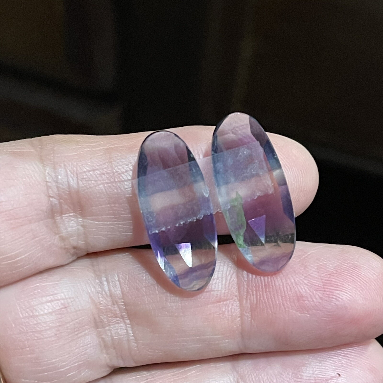 24.4ct 24.3×10.4×5.4mm Pair Teal Blue Purple Fluorite Rose Cut Oval Cabochons