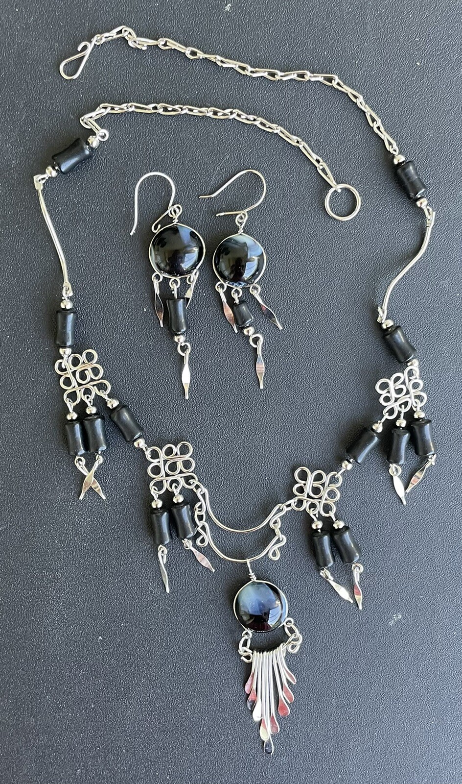 Peruvian Black White Swirl Glass Necklace Black Glass Earrings Set Hand-crafted