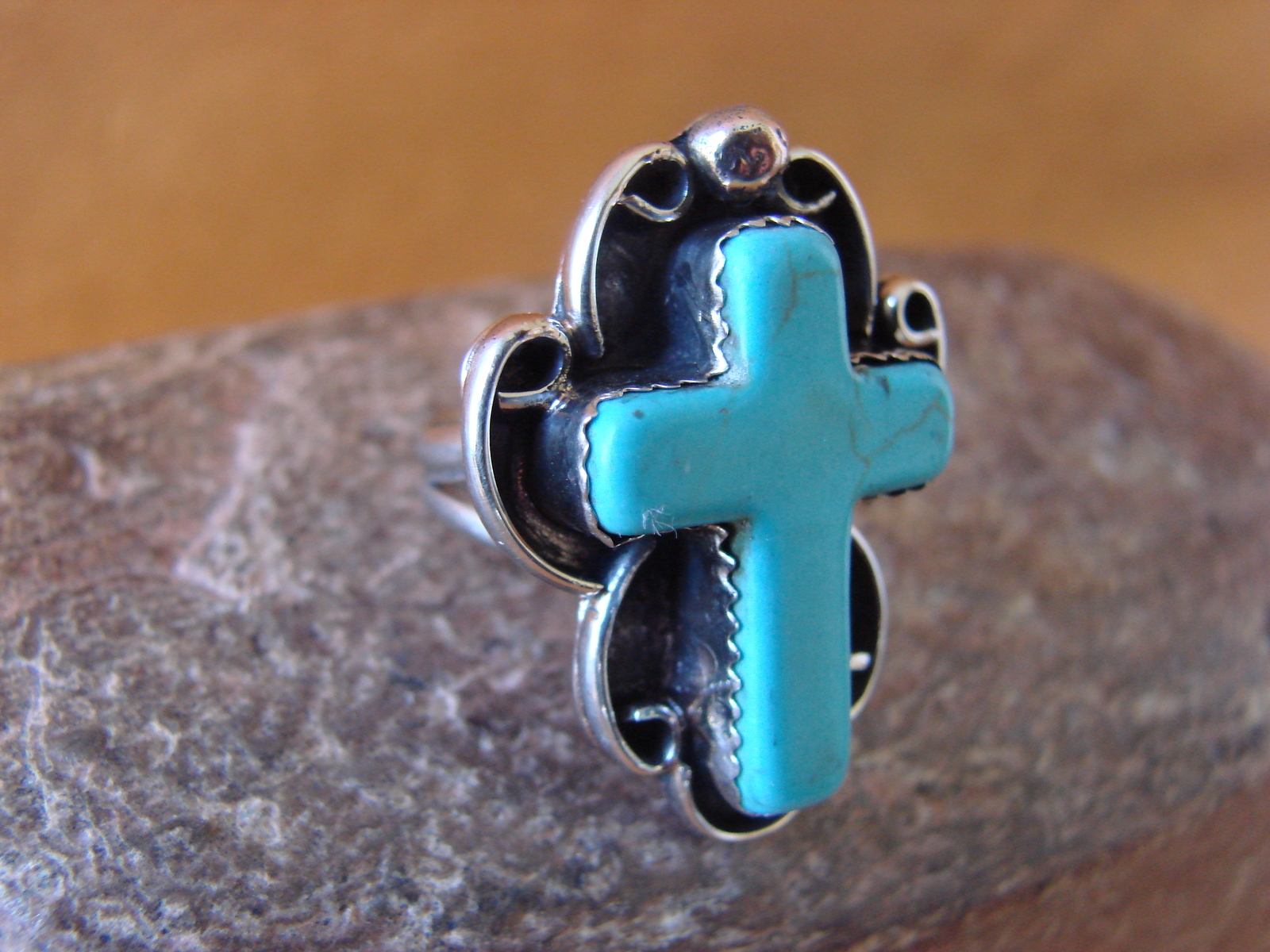Native American Nickle Silver Turquoise Cross Ring Size 6 1/2 by Phoebe Tolta