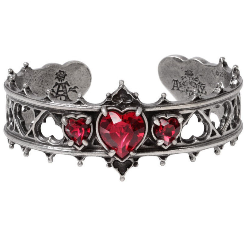 Alchemy Gothic Elizabethan Queen Regal Cuff Bracelet Love Red Crystal Hearts A78