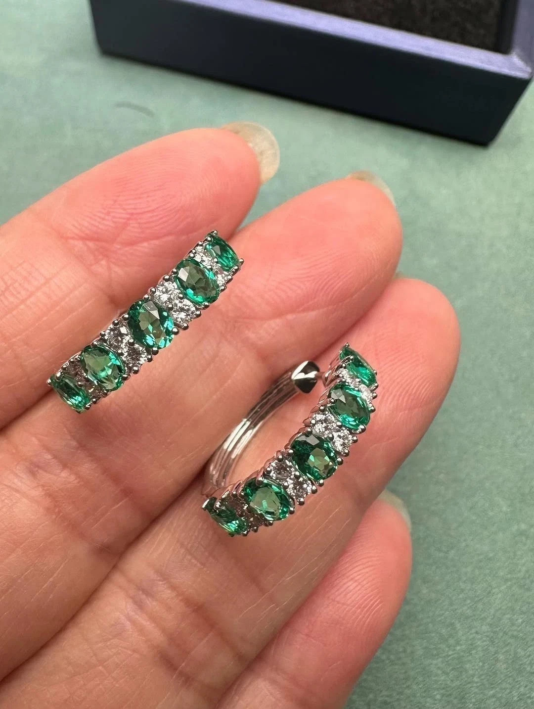 Women’s Engagement Hoop Earrings Round Cut Simulated Emerald 925 Starling Silver