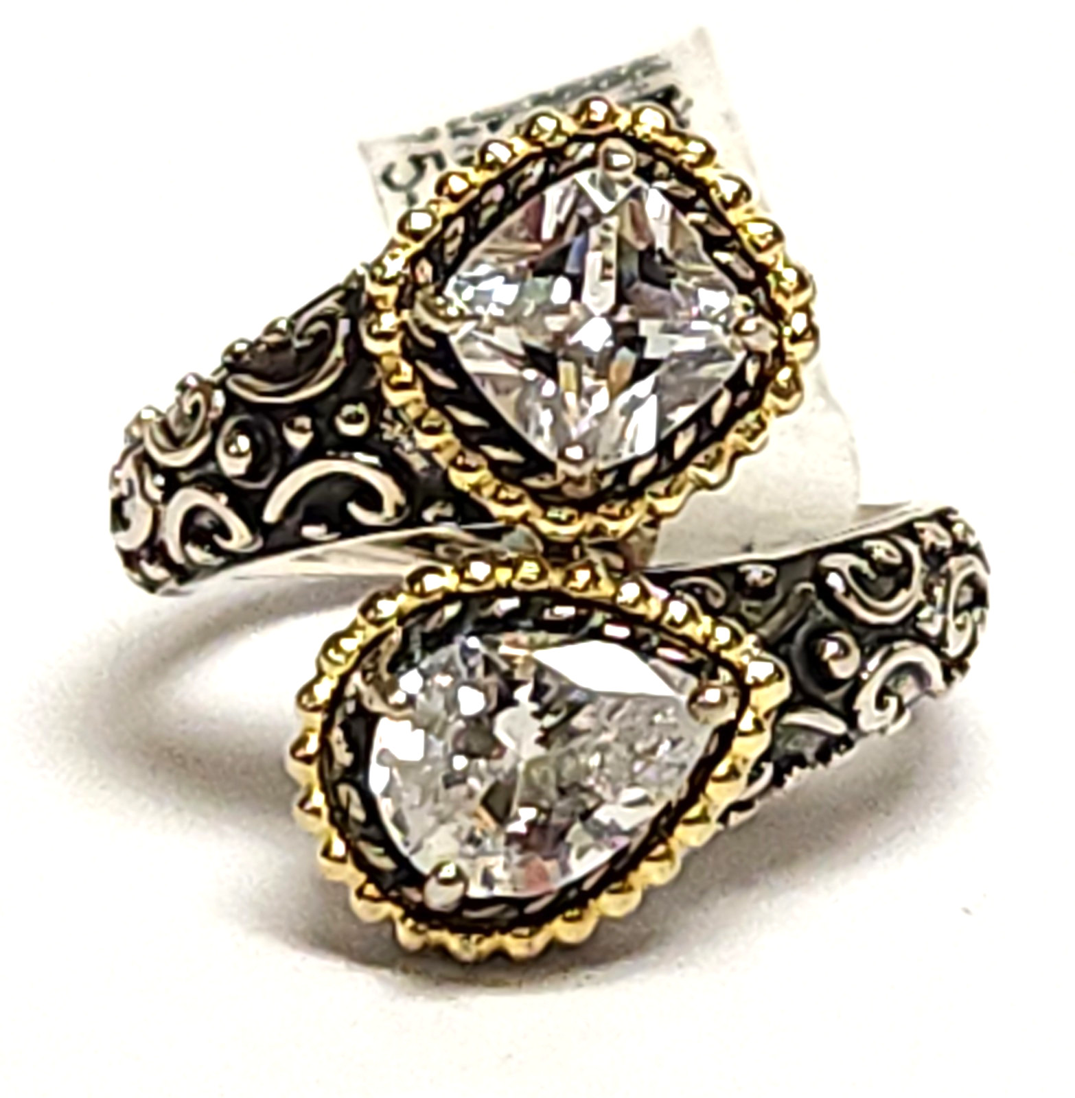 NWT Fuzion Creations White Zircon Sterling Silver Gold Vermeil Bypass Ring 6.5