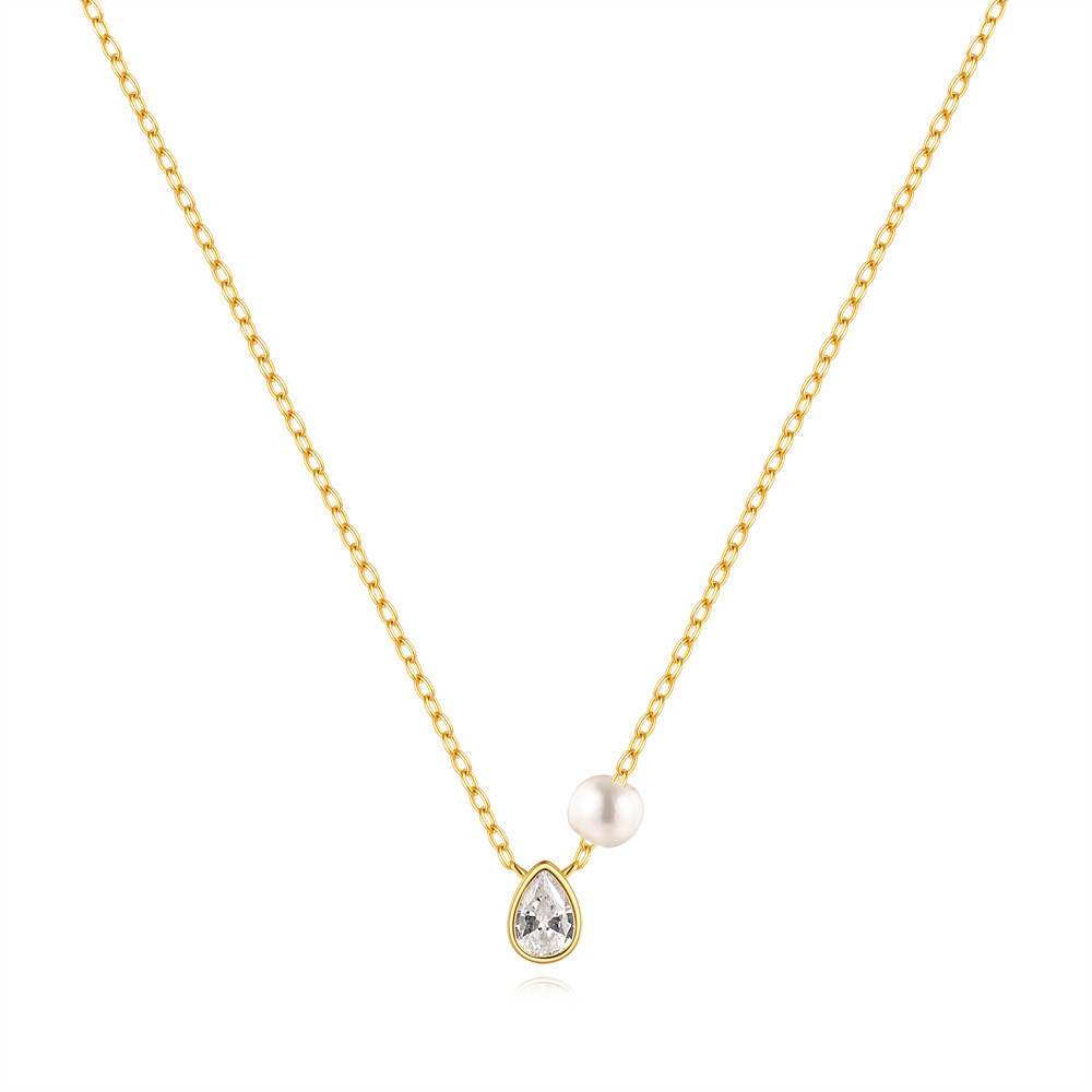 Gold Plated 925 Sterling Silver CZ Teardrop Faux Pearl Necklace for Women