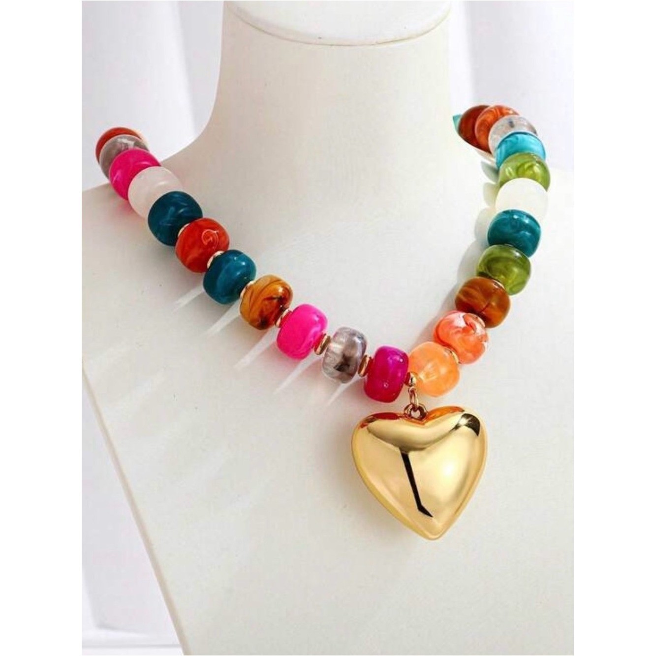 Multi-Color Bead Necklace with Gold Heart Pendant