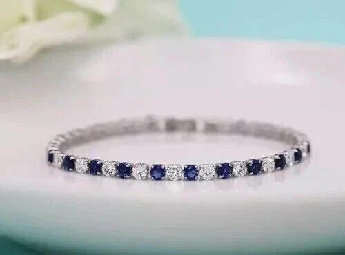 11Ct Round Cut Lab-Created Blue Sapphire Tennis Bracelet 14K White Gold Plated