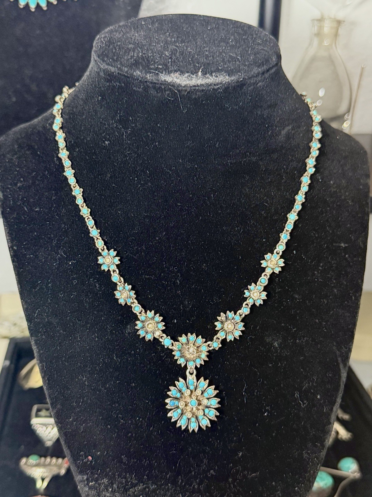 Ultra Rare Victorian Turquoise And Pearls Floral Vermeil Sterling Necklace