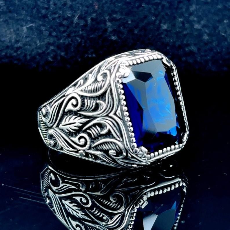 925 Men Silver Handmade Engraved Blue Stone Ring