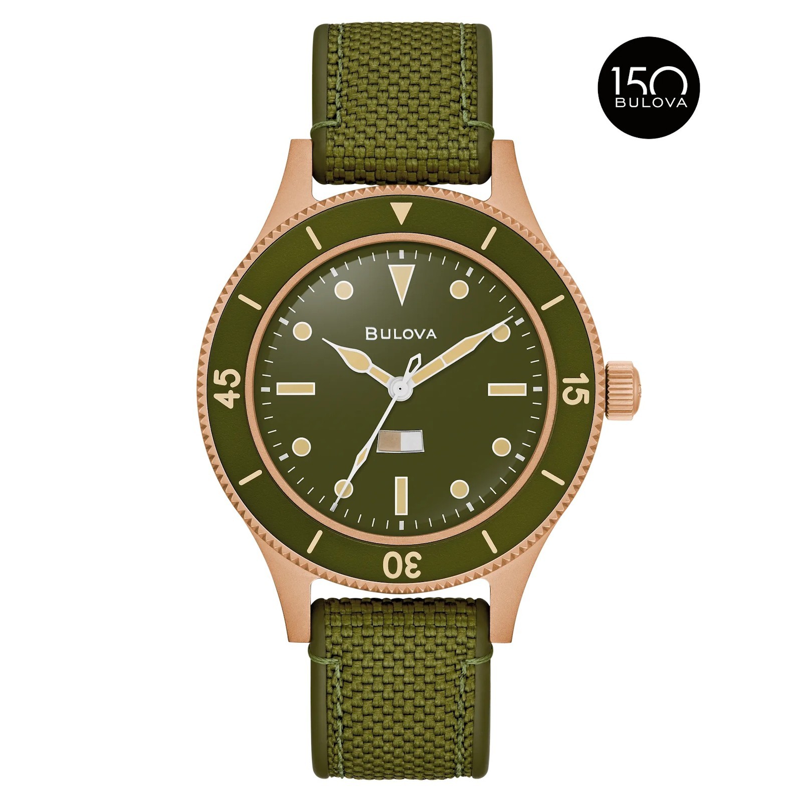 Bulova MIL-SHIPS 98A324 Automatic Green Dial Bronze Case CORDURA Strap Men Watch