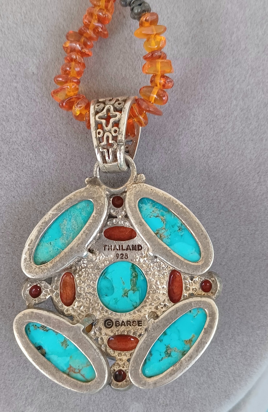 Vtg Barse Sterling Silver Turquoise Pendant Amber Bead Necklace
