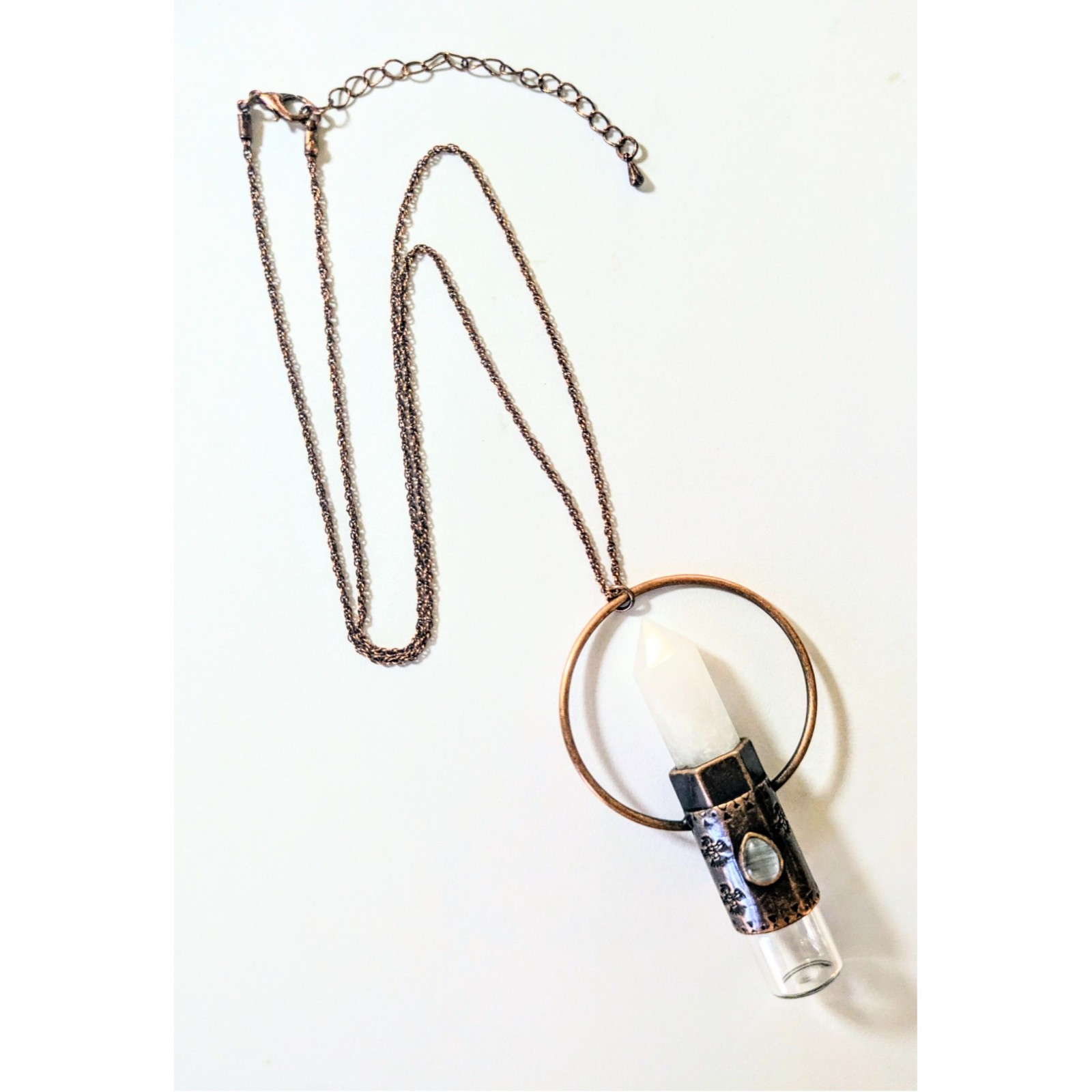 Copper & Quartz Crystal Essential Oil Rollerball Vial Pendant Necklace NEW