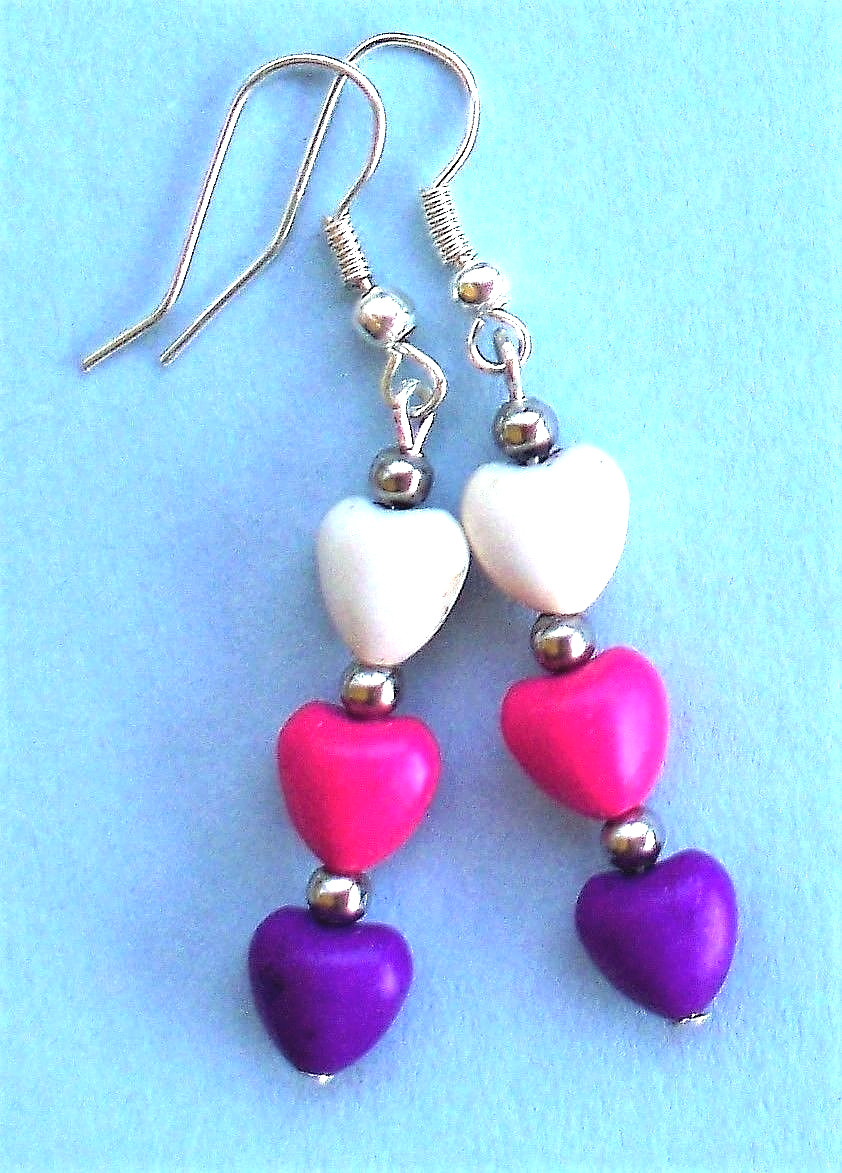 triple HEARTS HOWLITE earring SP fish hook handcrafted #LA25