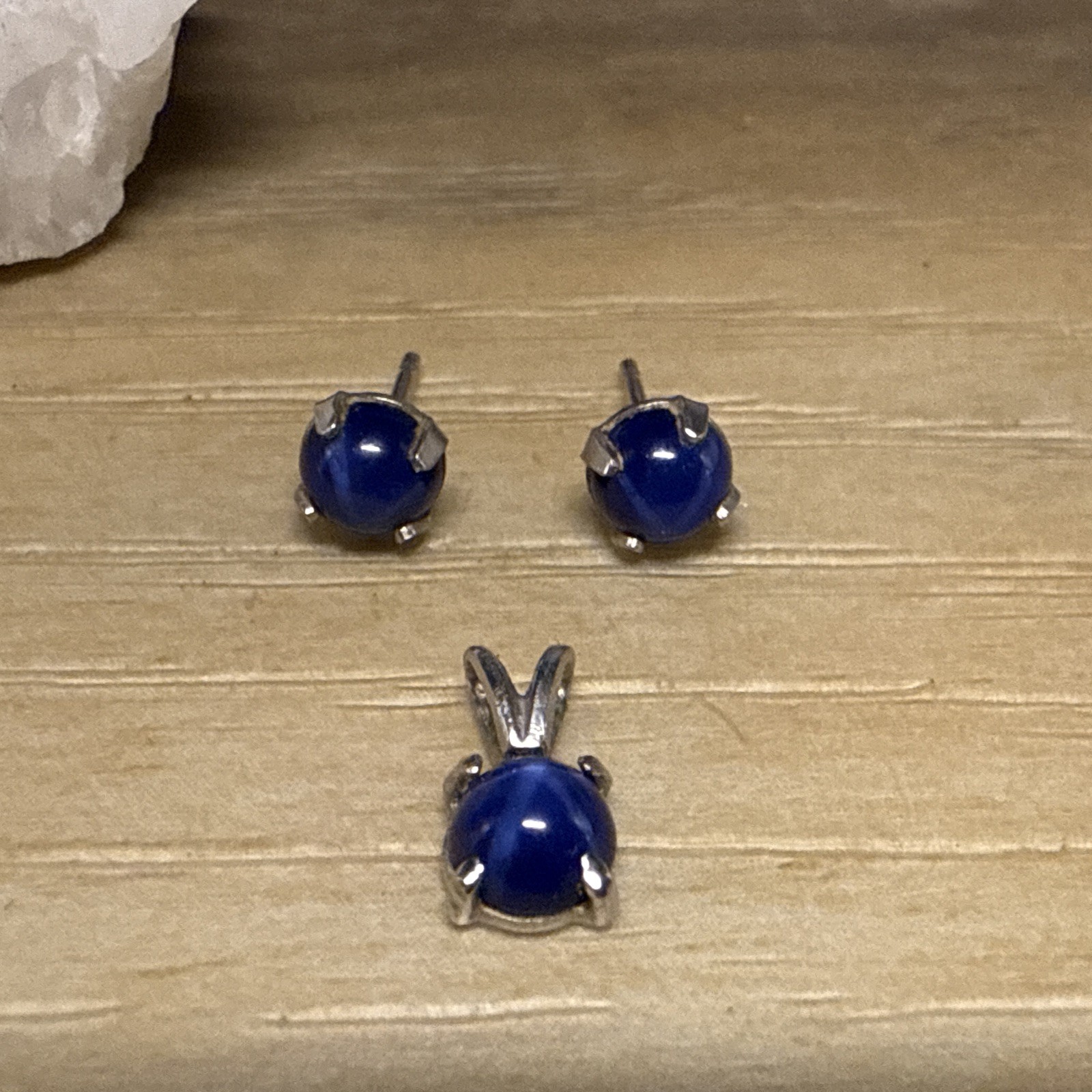 VTG 14K WHT GOLD Blue STAR SAPPHIRE Pendant Earring Set No Backs AN1225-86 EX