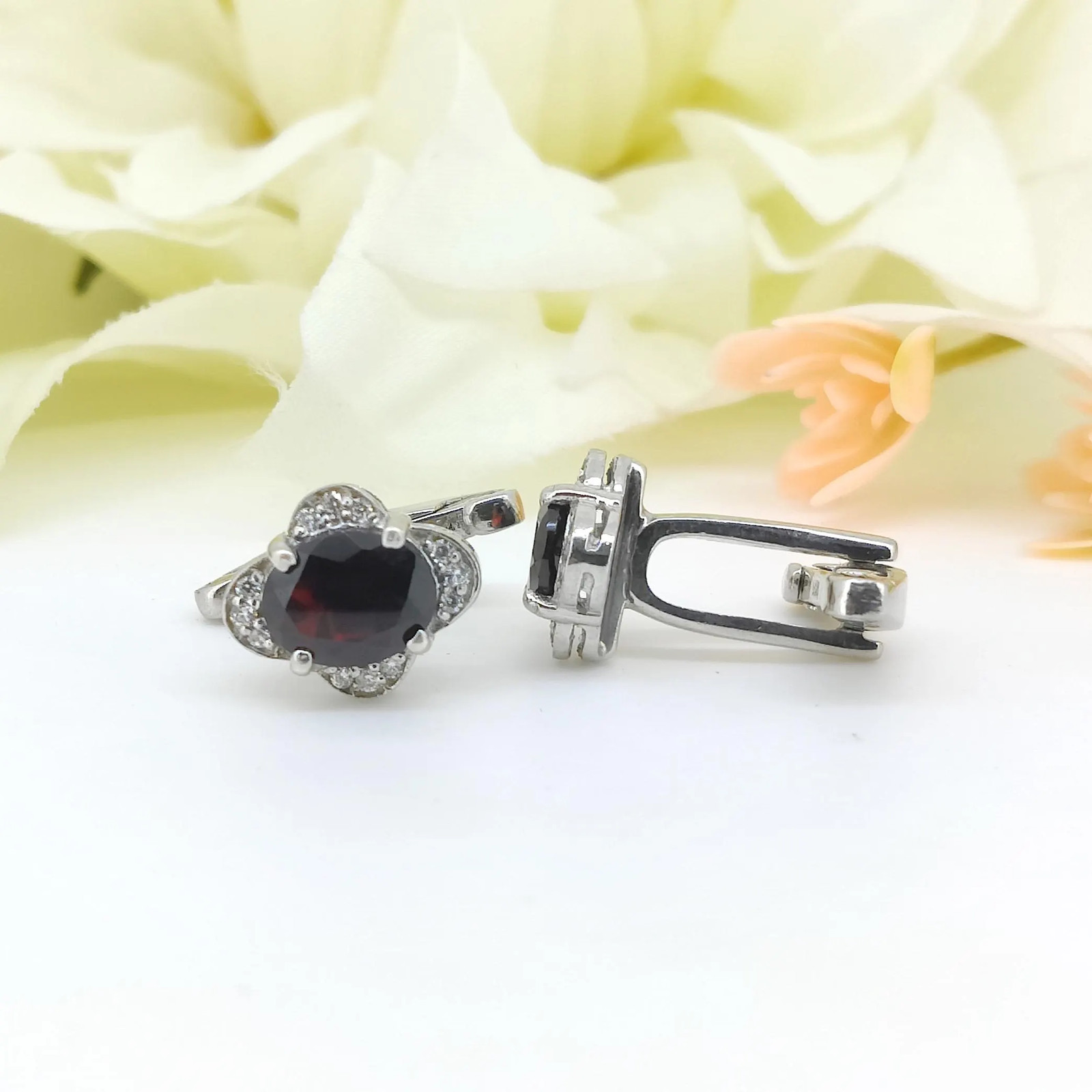 Garnet Sterling Silver Cufflinks, January Birthstone,Oval Gemstone Men’s Jewelry