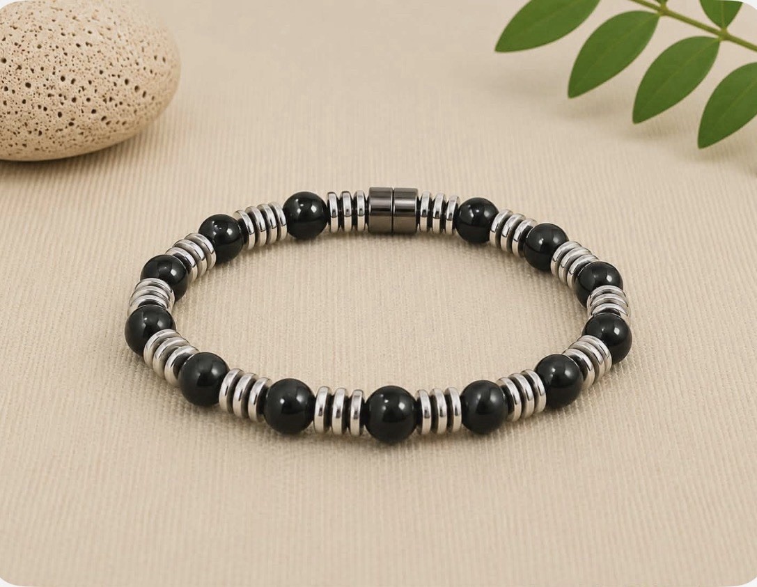 HANDMADE HIGH POWER 100% MAGNETIC HEMATITE BLACK/SILVER BRACELET MEN’S WOMEN’S