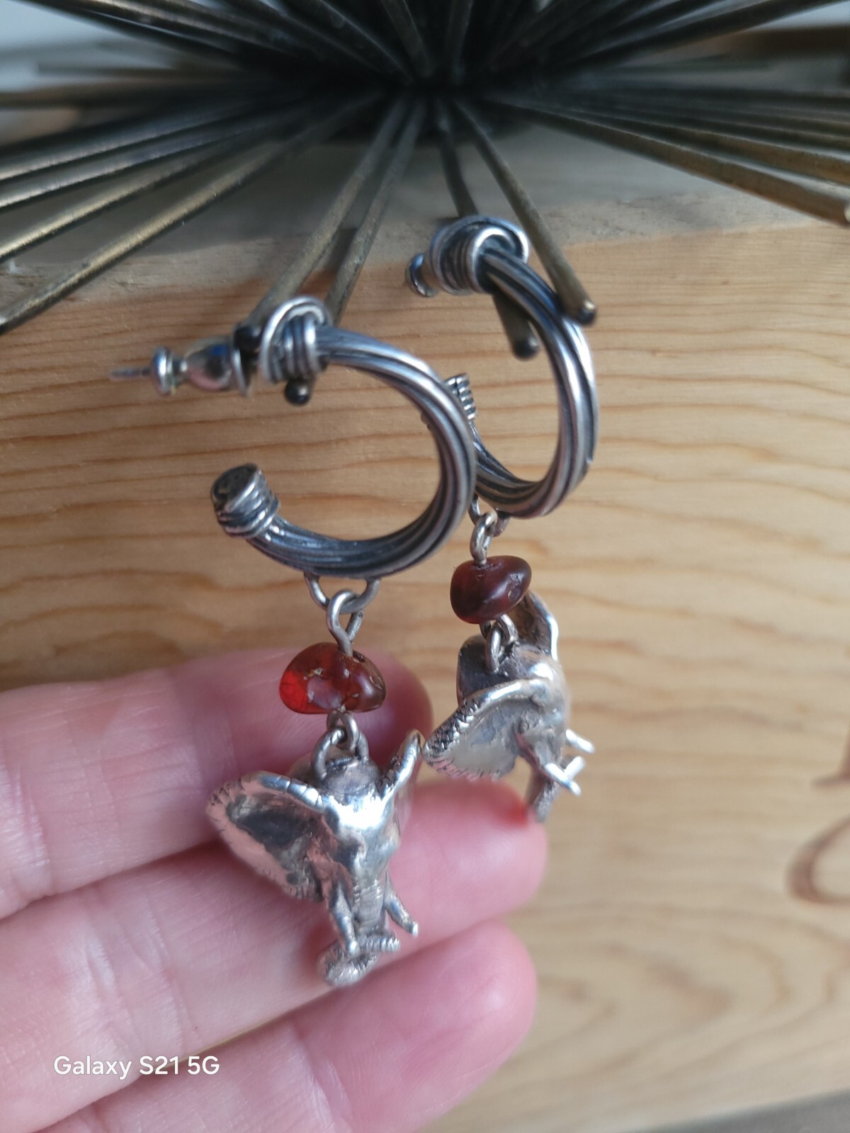 Susan Cummings Elephant Earrings Dangle Sterling Silver & Amber 2″ Long 1990s