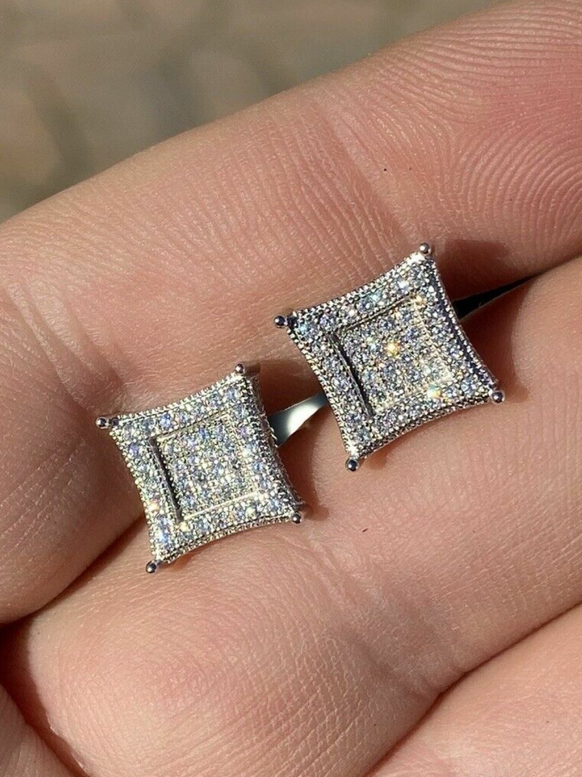 Mens Real 925 Solid Sterling Silver Kite CZ Hip Hop Iced Square Earrings 11mm