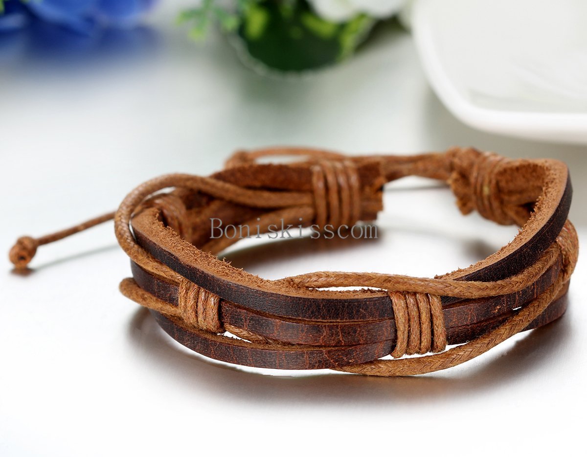 Punk Leather Wrap Braided Strap Cord Bangle Adjustable Bracelet Tribal Men Women