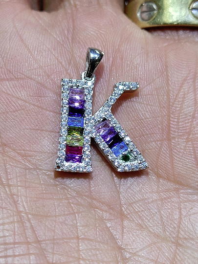 925 Sterling Silver Letter K Multicolor and White CZ initial Charm Pendant
