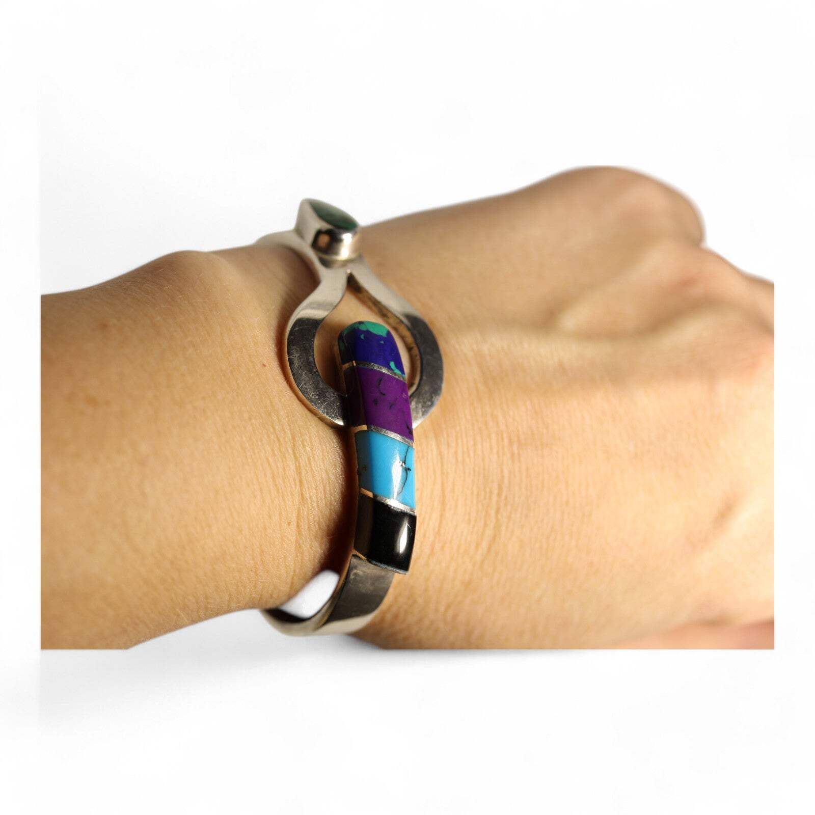 Sterling Silver 925 Mexico TL-88 Multi Stone Hinged Bangle Bracelet – ~6.5 inch