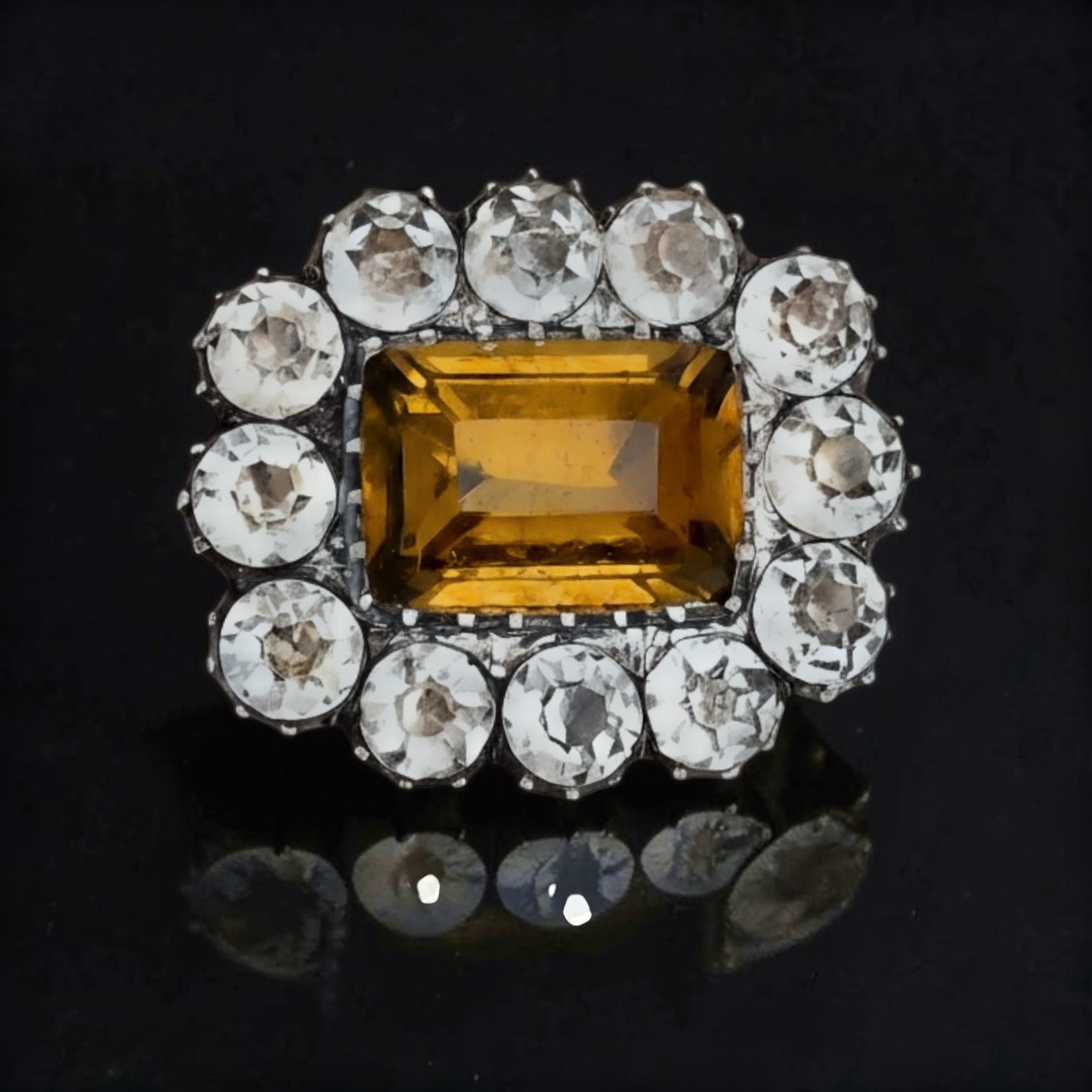 Antique Victorian Black Dot And Citrine Paste Halo Petite Gold Filled Brooch Pin