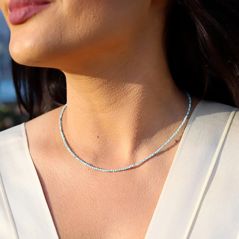Minimalist Larimar 2mm Faceted Bead Blue Crystal Healing Boho Choker Necklace