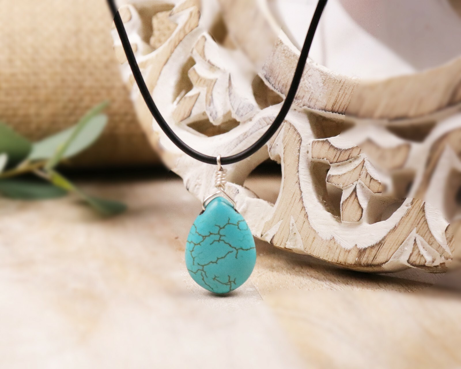 Teardrop Turquoise Pendant Necklace for Women with Leather Cord
