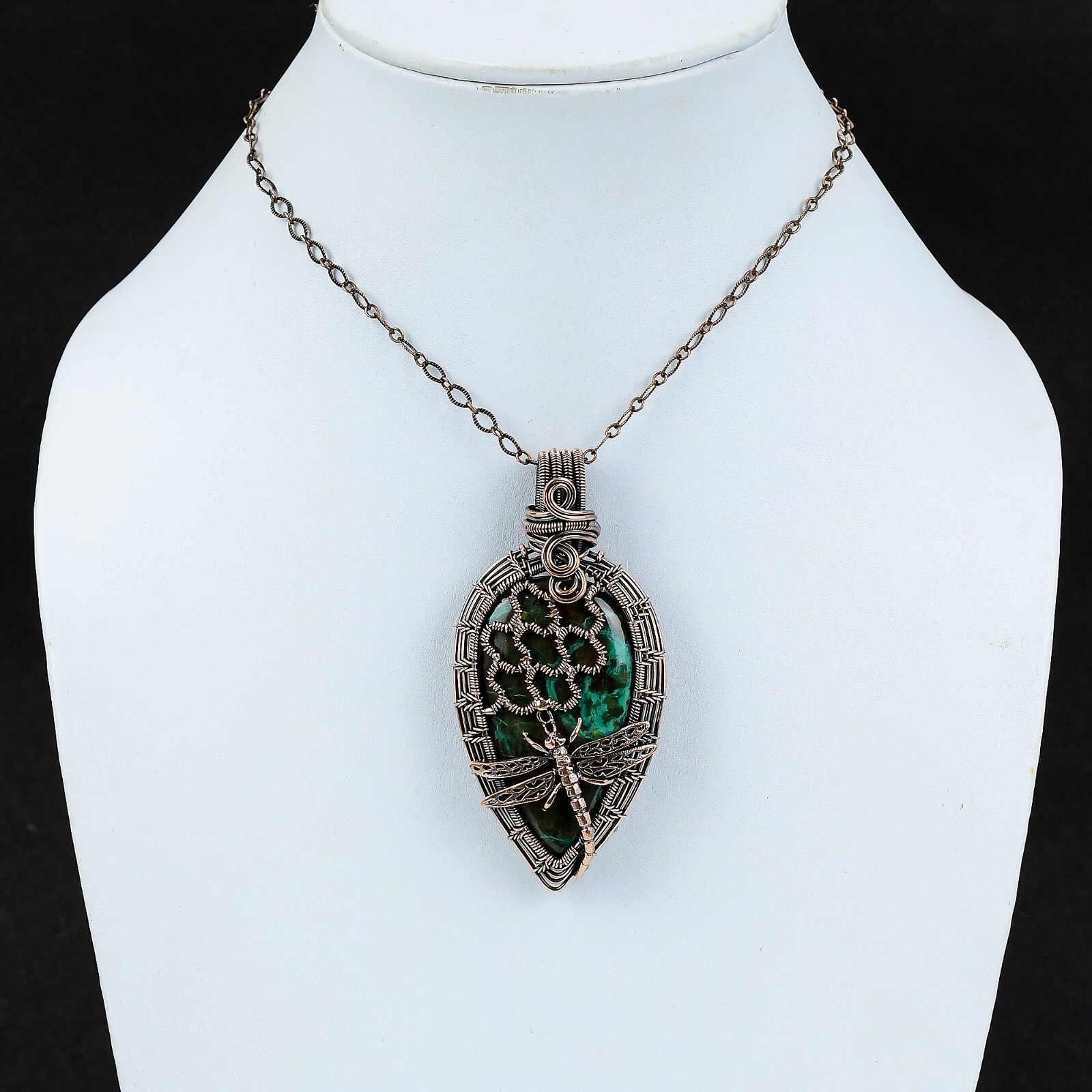 Gift Wire Wrapped Honeycomb And Dragonfly Pendant Copper Chrysocolla 3.23″