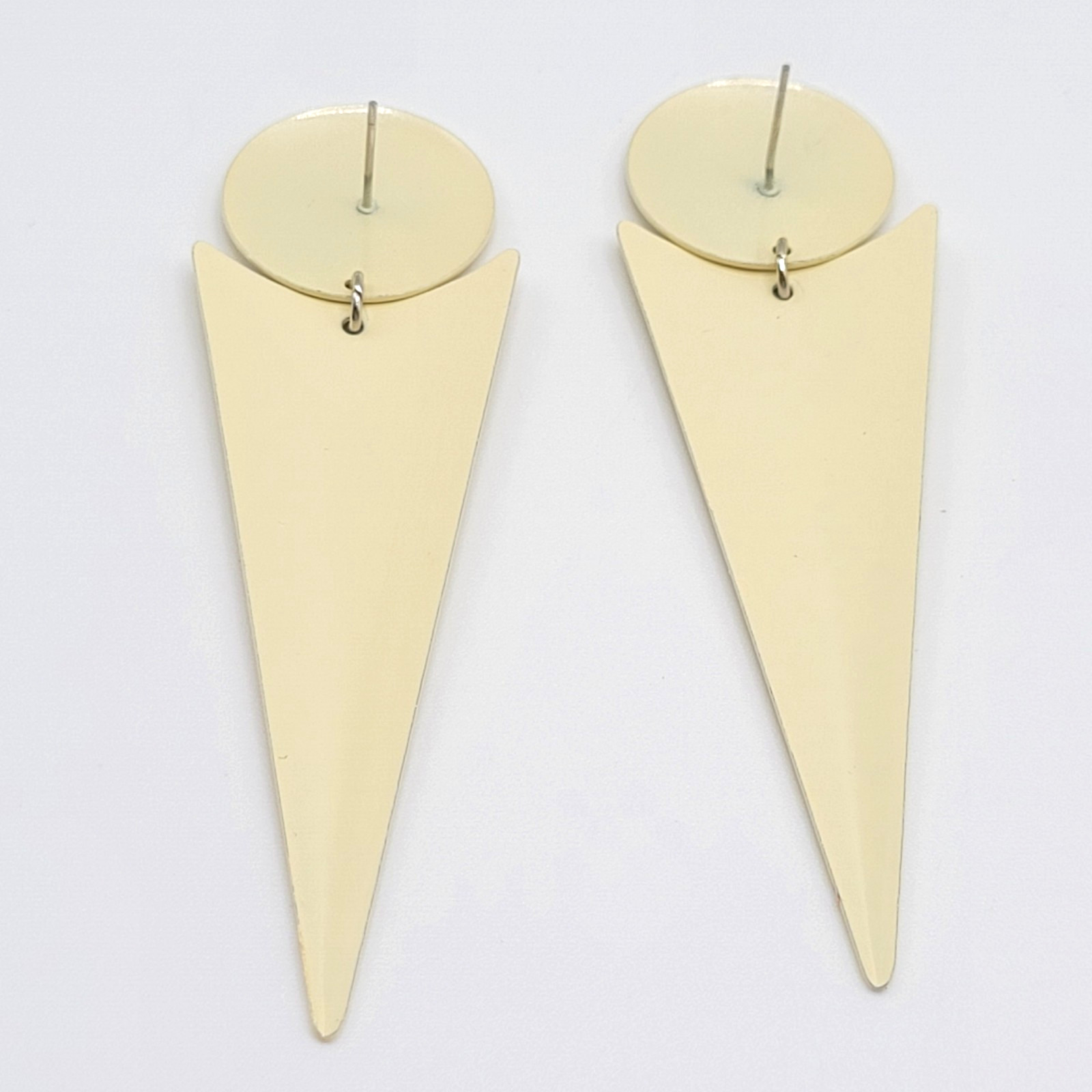 Minimalist Geometric Long Drop Dangle Metal and Cream Enamel Vtg 1980s Earrings