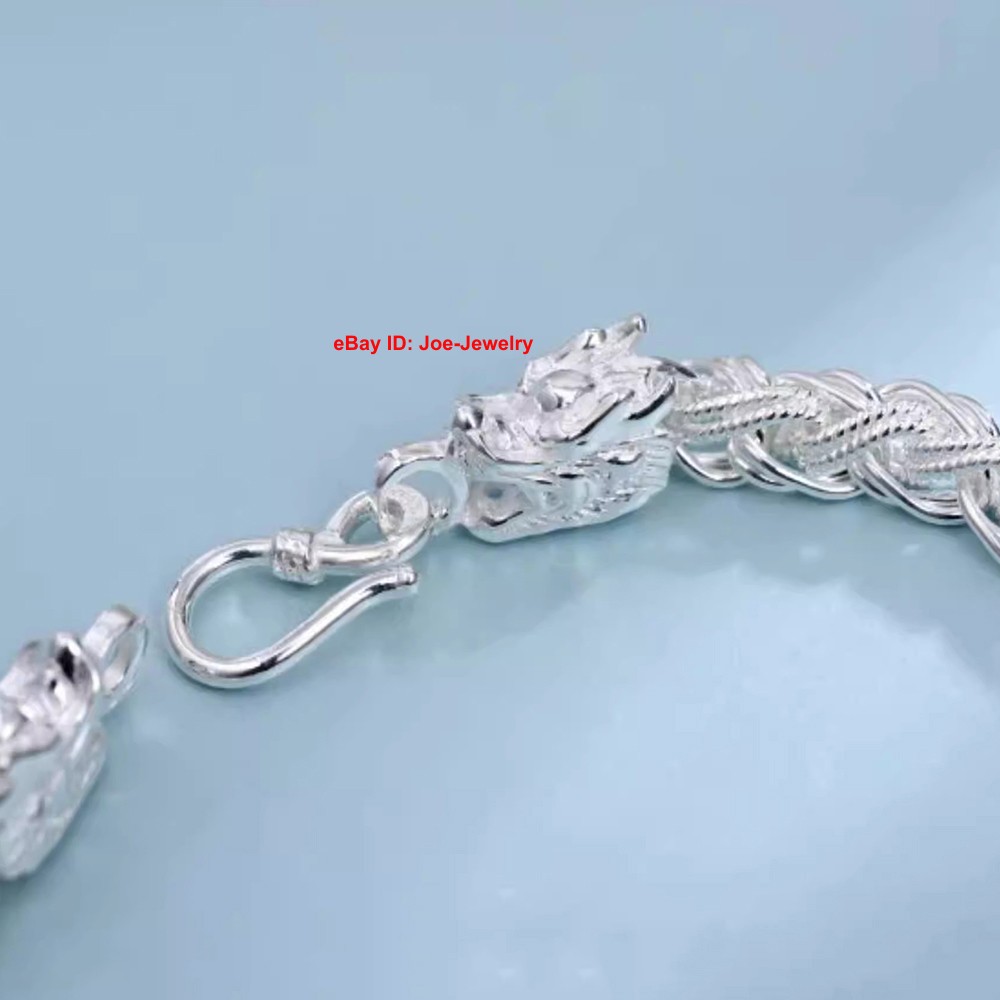 Pure 999 Fine Silver Bracelet Dragon Head and Wheat Link Chain Bracelet 7.1-7.9″