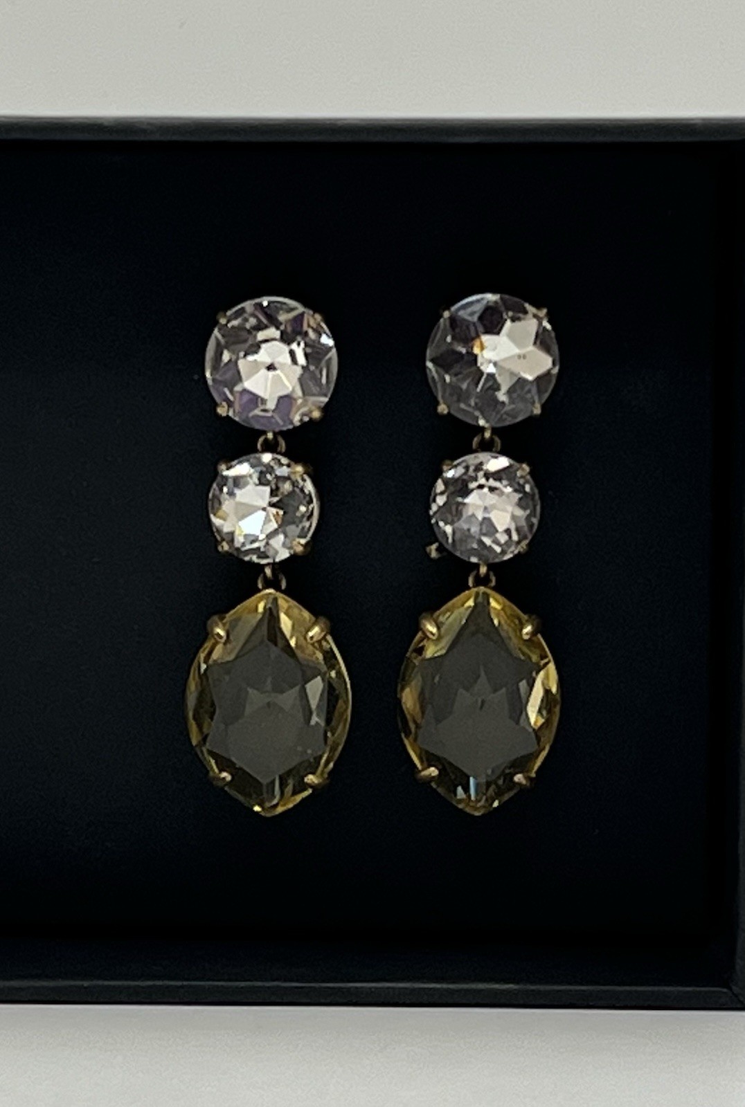 J. Crew Triple Crystal Drop Pierced Earrings Yellow & Clear Set In Gold Tone