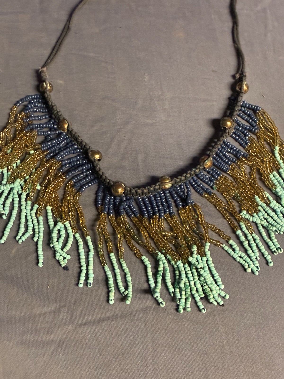 Blue Gold Green Glass Beaded Fringe Statement Necklace, Cord