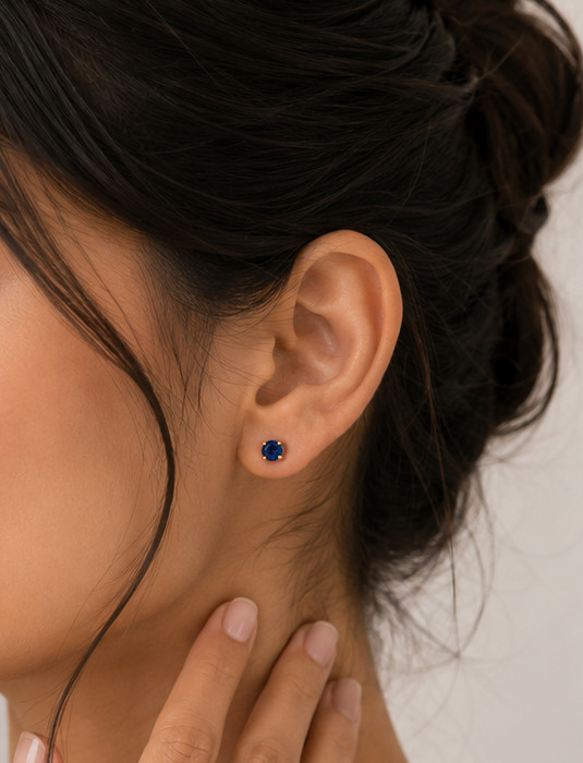 Lab Grown Blue Sapphire Stud Earrings in Yellow Gold Finish Classic Round Cut