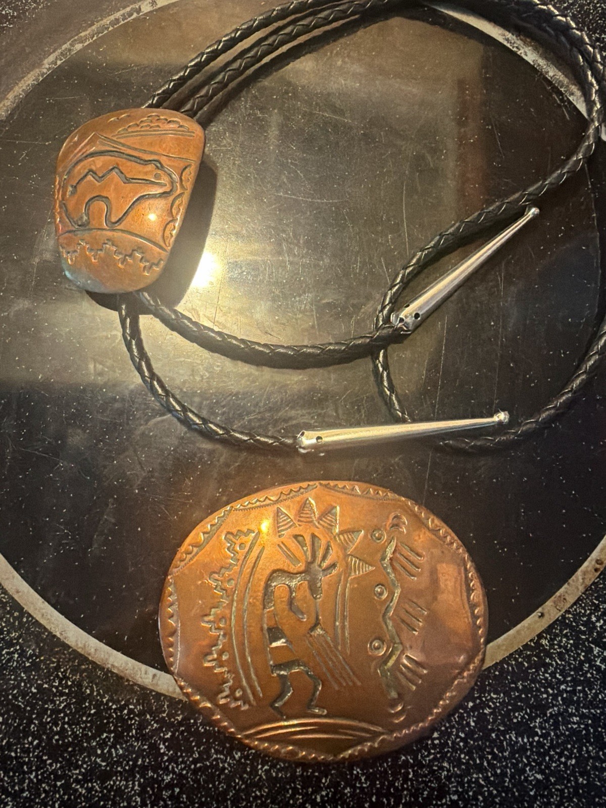 Men’s Western Copper Oval Signed Adjustable Bolo Tie Braided Black Leather