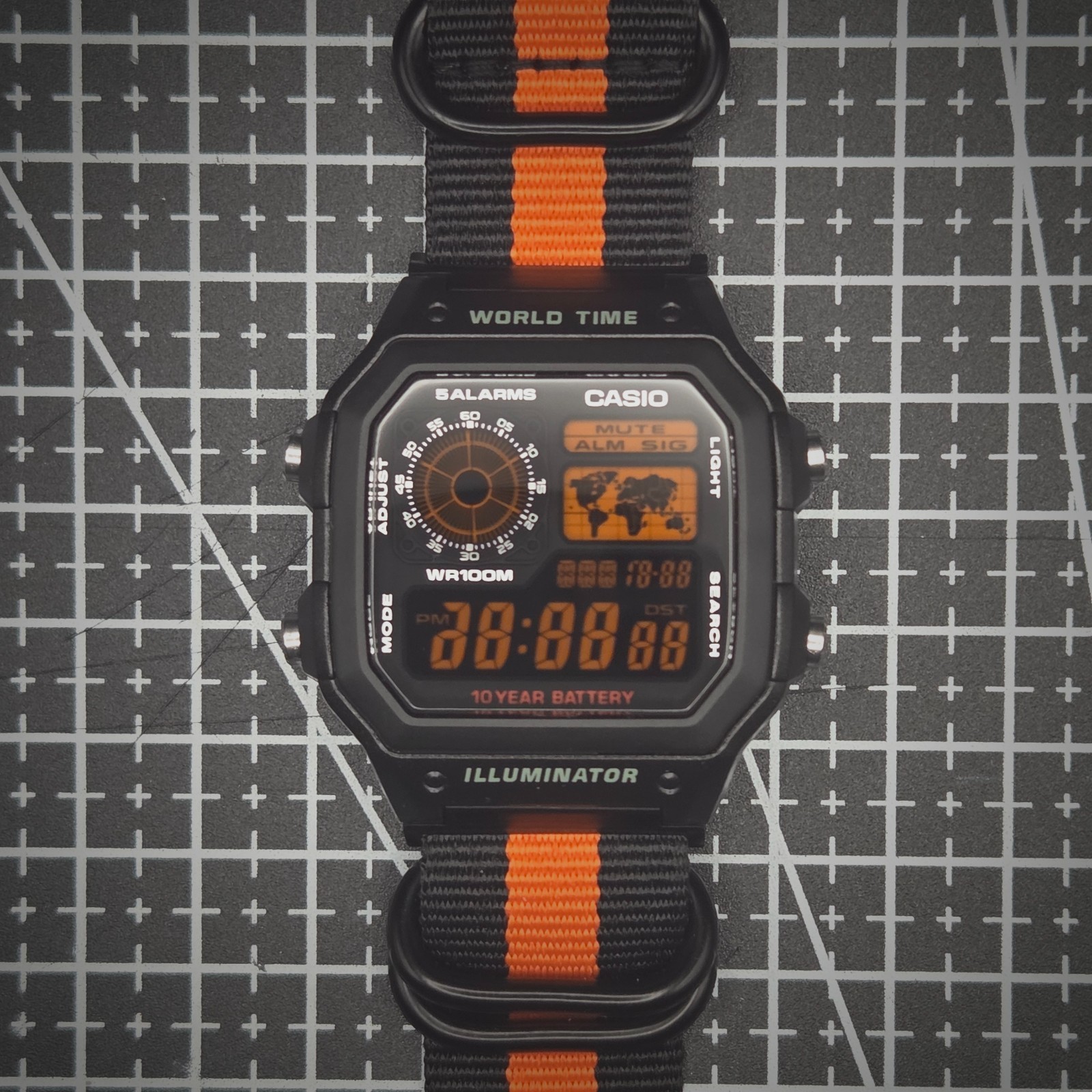 CASIO AE-1200WHD. Royale World Time Watch Mod. Orange Digits Negative. Hydromod.