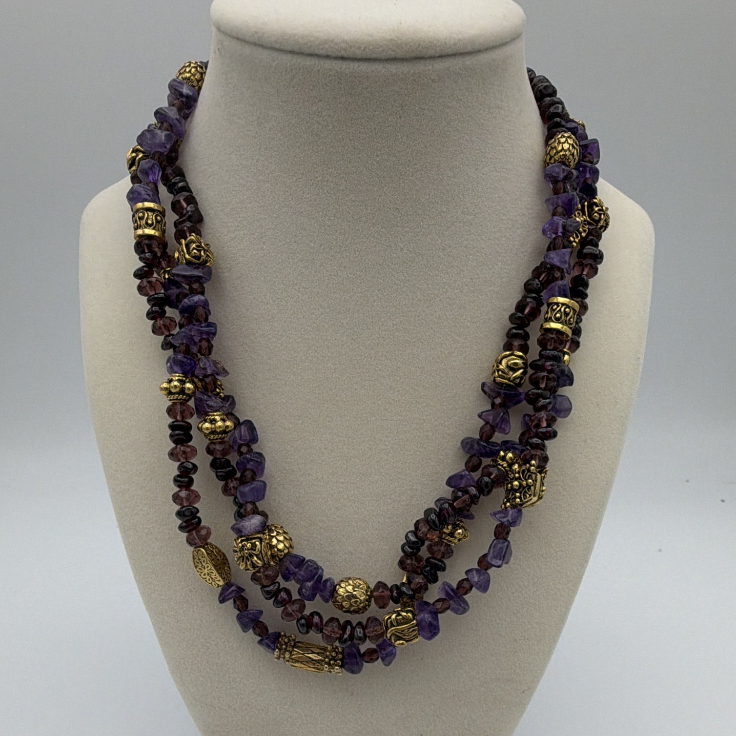 Multi-Strand Layered Beaded Necklace Amethyst Garnet Purple Gold 18” Hook