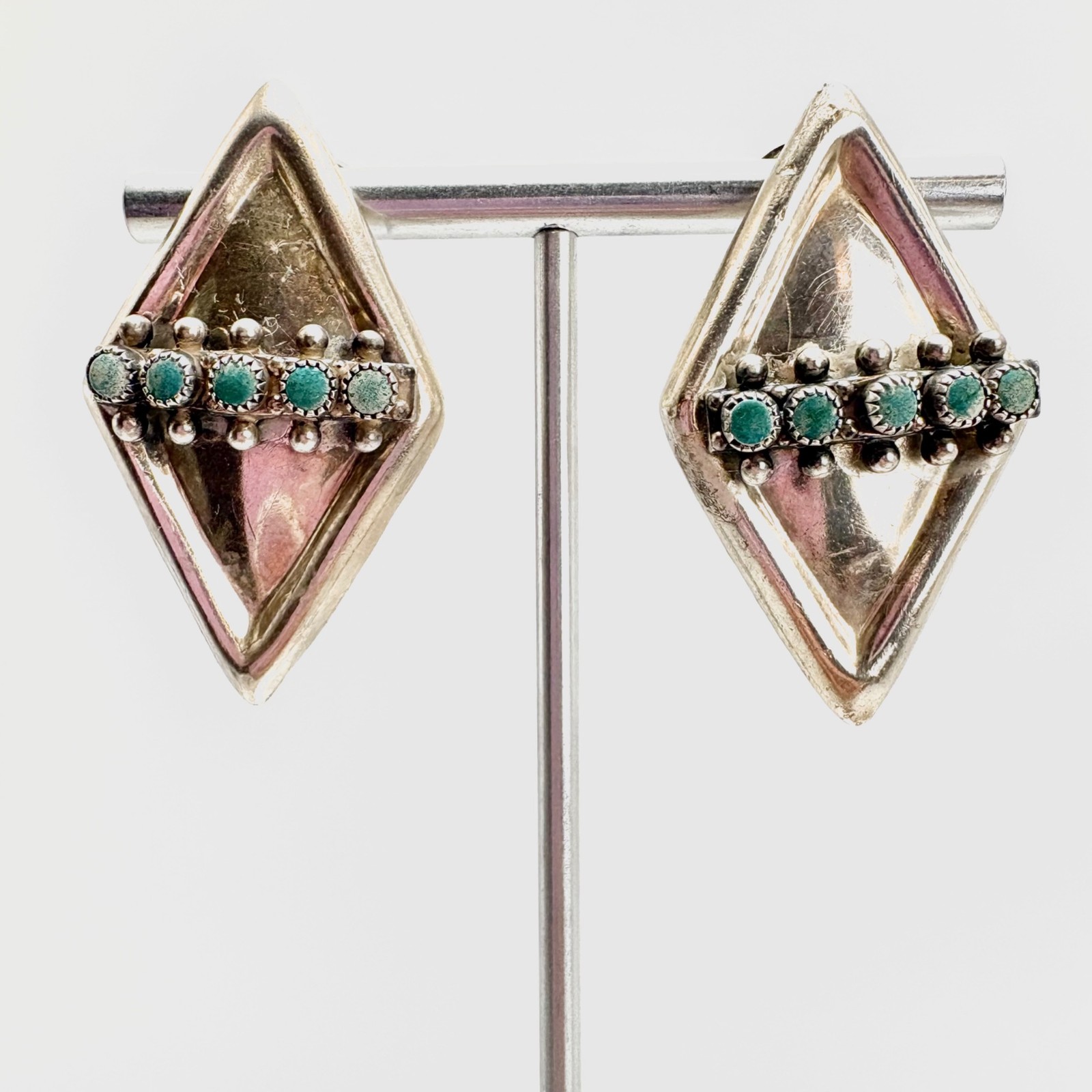 Turquoise Kite Diamond Shape Earrings Sterling Silver 925 Puffed 1.3″ L