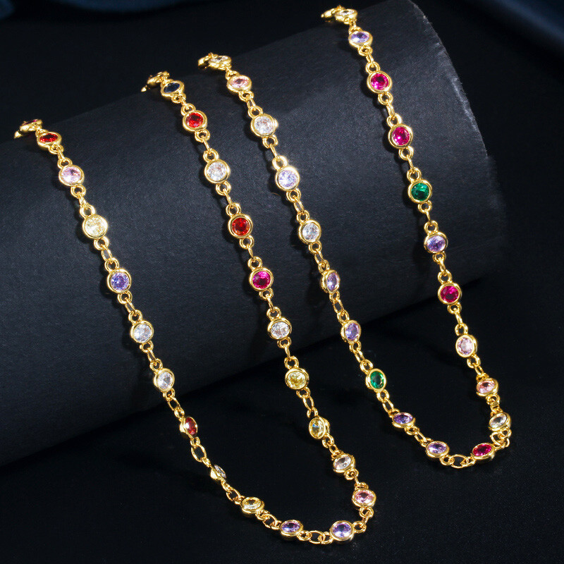 585 Gold Multicolored Round CZ Women Sweater Costume Long Chain Necklace Jewelry