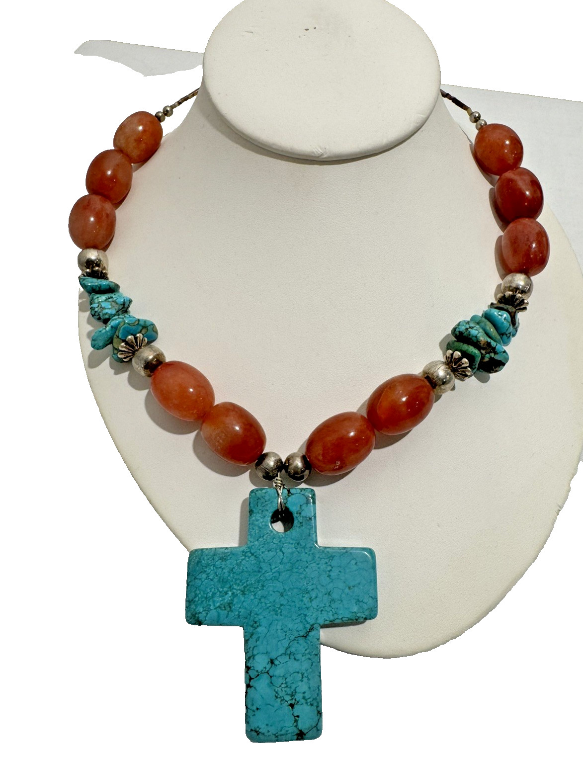 Solid Turquoise Cross Necklace Coral and Sterling Nuggets Heishi Beads 22″ 114 g
