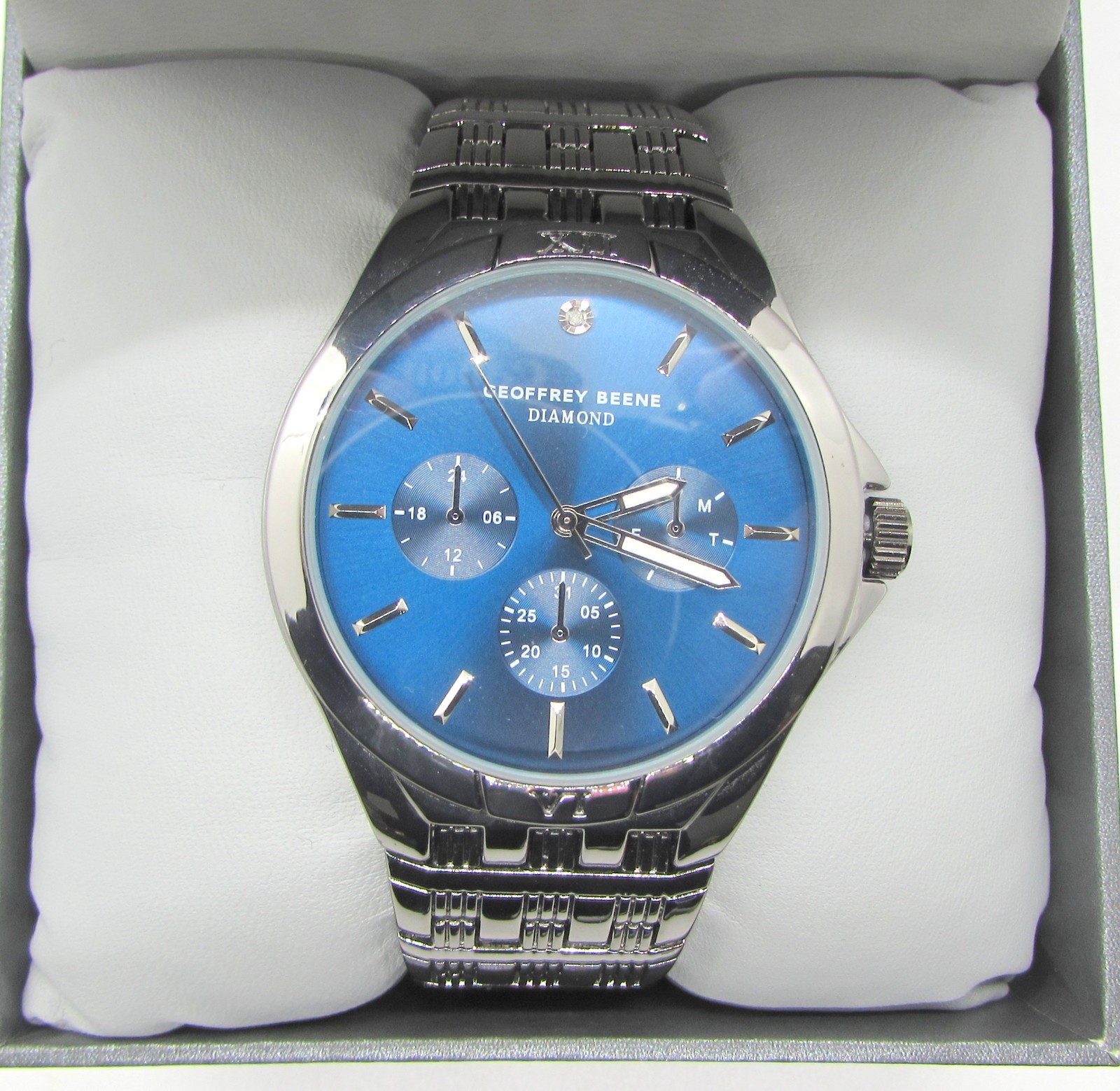 NEW Geoffrey Beene Genuine Diamond Silver & Blue Men’s Wrist Watch